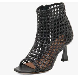 XYD Black Women Chic Woven Ankle Boots with Zip Square Open Toe Mid Heel Sandals